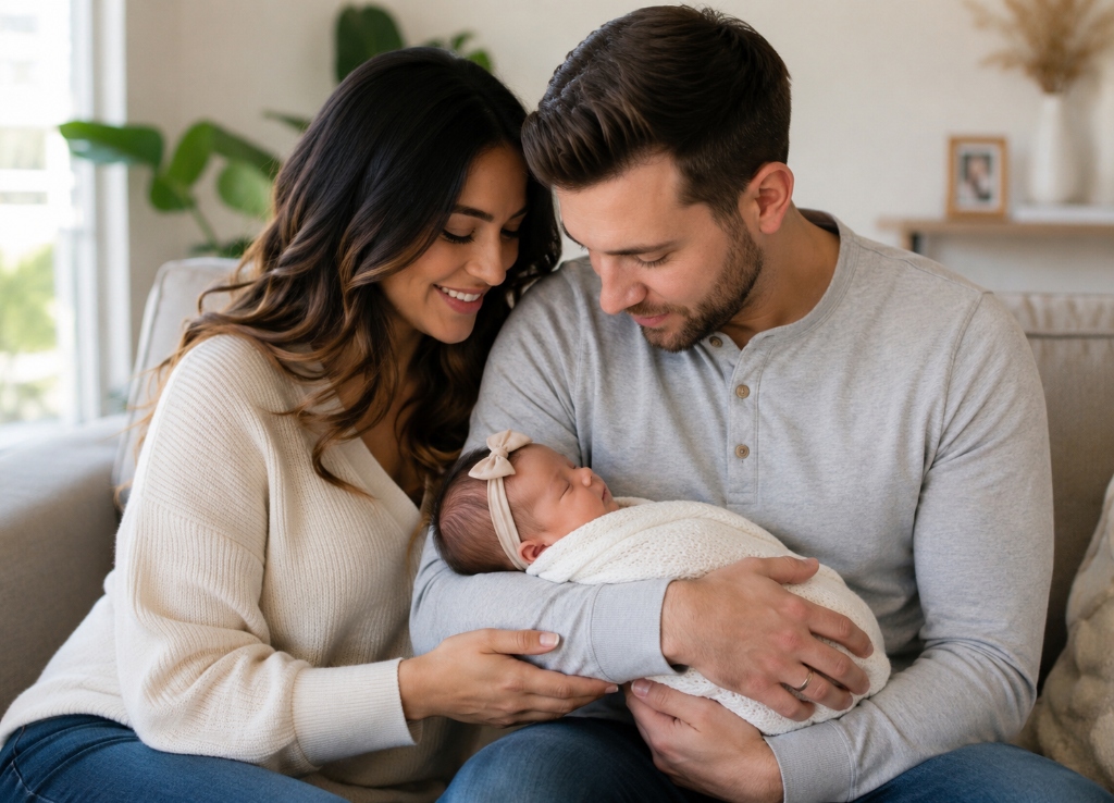 Familia feliz con bebé FIV con Estudio Genético
